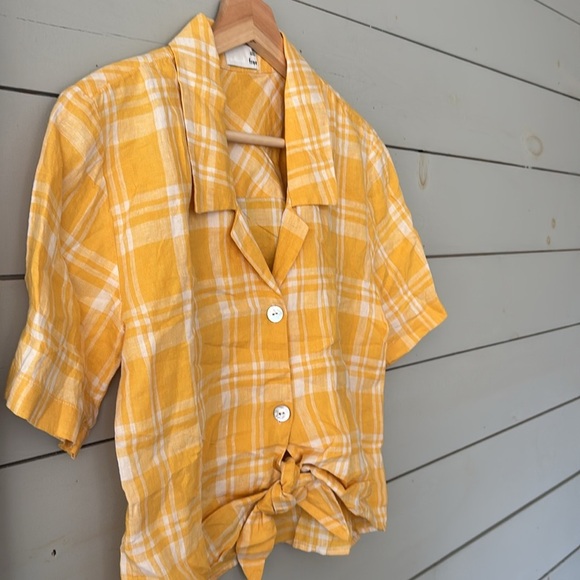 Wilfred Free Yellow Plaid Tie Front Collared Linen Shirt - Picture 4 of 8